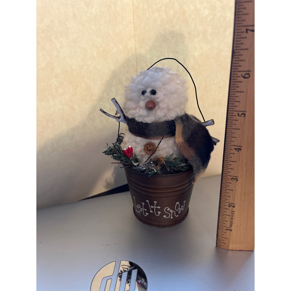 Primitive Snowman Figurine in Let It Snow Metal Bucket Rustic Holiday Decor